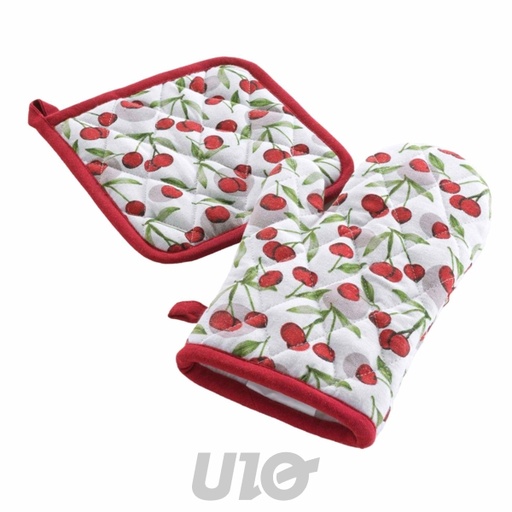 GANT + MANIQUE 18 x 28 CM/20 x 20 CM COTON/POLYESTER IMPRIME CERISETTE RUBIS