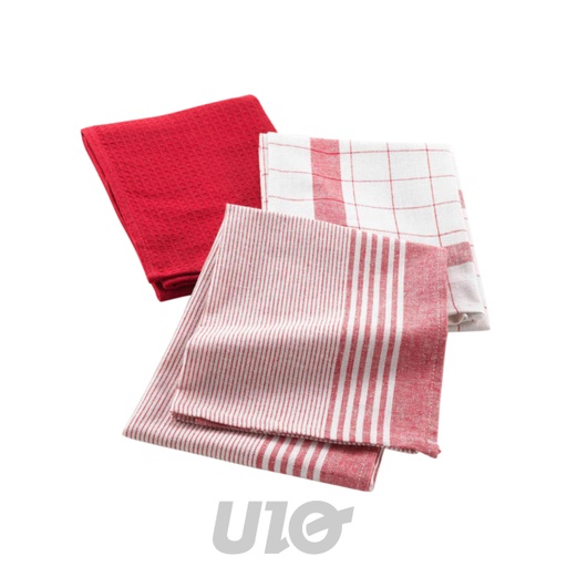 TORCHON x3 PCS 50 x 70 CM COTON TISSE/NID D'ABEILLE VIBRATO ROUGE