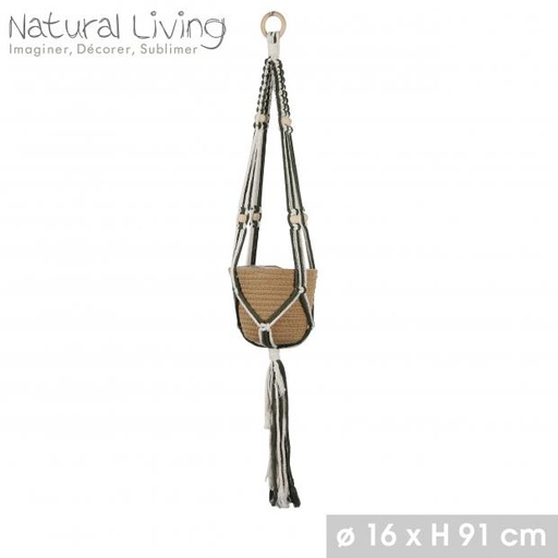"NATURAL LIVING" SUSPENSION NATE MACRAME KAKI AVEC CACHE POT D16CM X H86CM