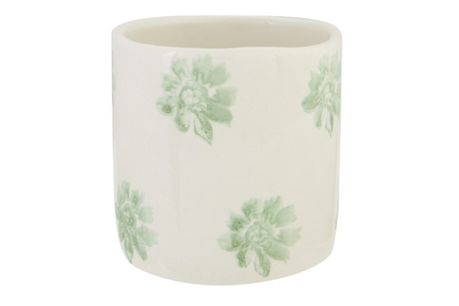 CACHE-POT FLOWER PRINT VERT 10X10XH10CM CYLINDRIQUE GRÈS