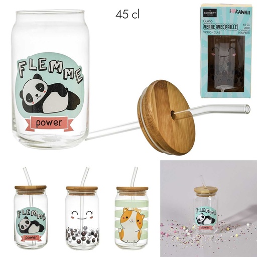 VERRE COUVERCLE BAMBOU PAILLE KAWAII 45CL