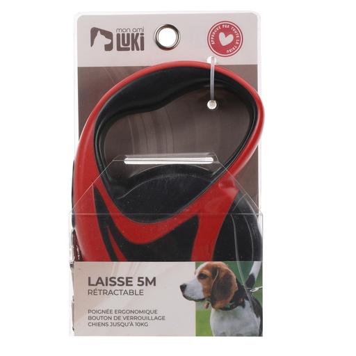 LAISSE RÉTRACTABLE ROUGE ET NOIR DE 5M - POIGNÉE ERGONOMIQUE - BOUTON DE VERROUILLAGE - CHIEN JUSQUE 10KG