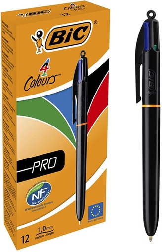 BIC Stylo Bille Rétractable 4 Couleurs Pro Pointe Moyenne 1.0mm Corps Noir