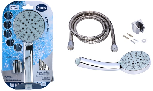 POMMEAU ET FLEXIBLE DE DOUCHE - 1.5M - 5 FONCTIONS - VIS ET SUPPORT INCLUS