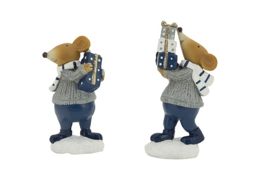 SOURIS AVEC CADEAUX - 2 MOTIFS - BLEU GRIS - 3,5X5,5XH10,5CM - EN RÉSINE