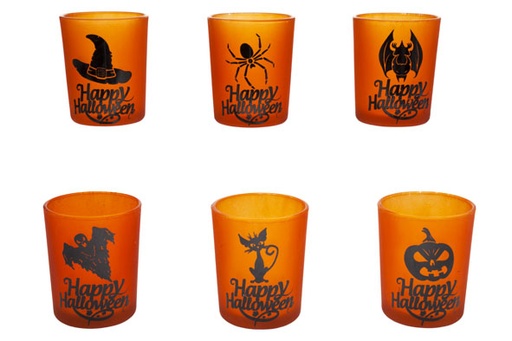 BOUGEOIR HAPPY HALLOWEEN EN VERRE - 6 MOTIFS DISPONIBLES - ORANGE NOIR 5.5X5.5X6.5CM