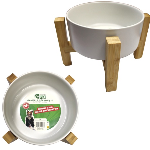 GAMELLE CÉRAMIQUE BLANCHE - SUPPORT EN BOIS - D15,5CM x H13CM