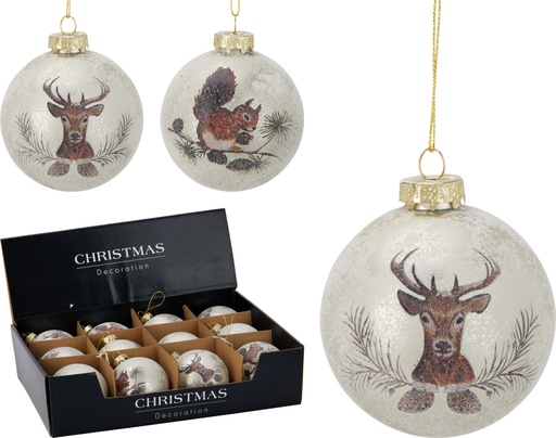 BOULE DE NOËL EN VERRE - D8CM - MOTIF ANIMAL