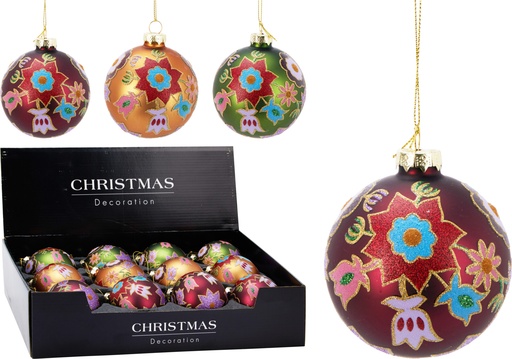 BOULE DE NOËL EN VERRE - 80MM - MOTIF FLEUR