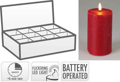 BOUGIE LED AVEC TIMER - 75X125MM - ROUGE - SUR BATTERIE