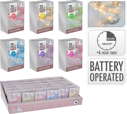 ÉCLAIRAGE DÉCORATIF À LED AVEC 20 LED - 2 MÈTRES - SUR BATTERIE - AVEC TIMER - 6 COULEURS DISPONIBLES