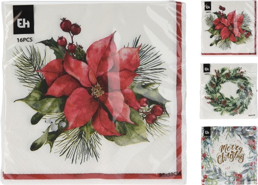 SERVIETTES AVEC MOTIFS FLEURS DE NOËL - 33X33CM - 16 PIÈCES/PAQUET - 3 MODÈLES DISPONIBLES