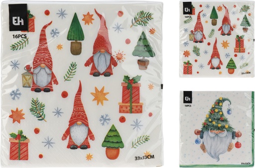 SERVIETTES AVEC MOTIF GNOME - 33X33CM - 16 PIÈCES/PAQUET - 2 MODÈLES DISPONIBLES
