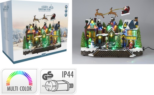 VILLAGE DE NOËL AVEC TRAINEAU ET PÈRE NOËL VOLANT - SUR SECTEUR - MULTICOLORES - H35X42X23CM