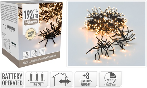 GUIRLANDE LUMINEUSE À LED - 192 LED -  BLAND CHAUD - 150CM - SUR PILES - AVEC TIMER