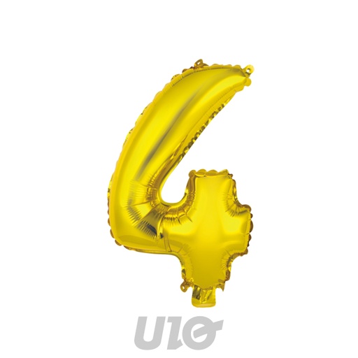 BALLON CHIFFRE 4 METALLISE EN ALUMINIUM AVEC PAILLE H40CM OR