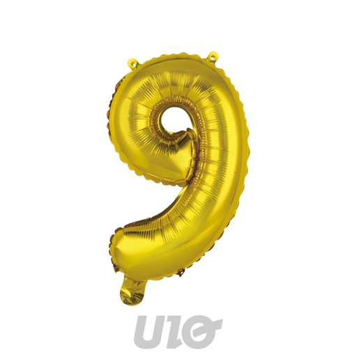 BALLON CHIFFRE 9 METALLISE EN ALUMINIUM AVEC PAILLE H40CM OR