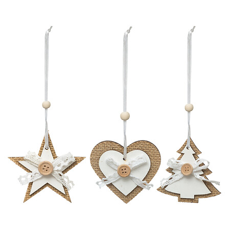SUJET DE NOËL EN BOIS - 3 FORMES COEUR, ÉTOILE ET SAPIN - LOT DE 3 PIÈCES