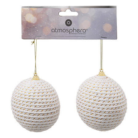 BOULE DE NOËL - PLASTIQUE ET CORDE - BLANC ET OR - 2 PIÈCES - 80MM