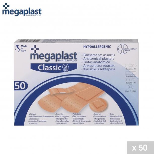 MEGAPLAST - ASSORTIMENT DE PANSEMENTS TOUTES TAILLES - 50 PIÈCES