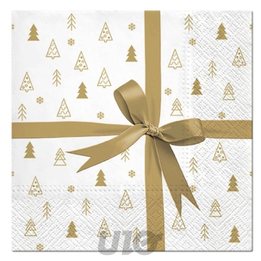SET DE 20 SERVIETTES EN PAPIER - 3 PLIS - 33x33CM - MOTIF CADEAU DORÉ