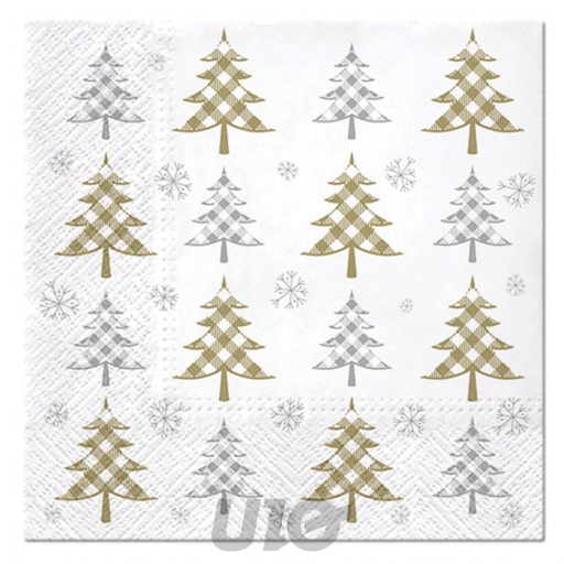 SET DE 20 SERVIETTES PAPIER - 3 PLIS - 33x33CM - MOTIF SAPINS OR ET ARGENT