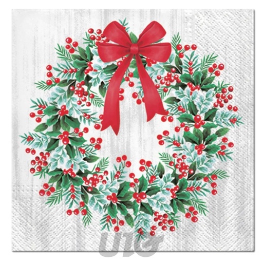 SET DE 20 SERVIETTES EN PAPIER - 3 PLIS - 33x33CM - MOTIF COURONNE DE NOËL