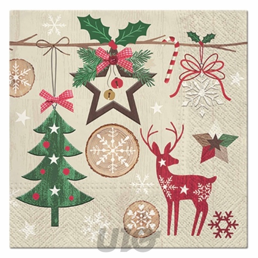SET DE 20 SERVIETTES EN PAPIER - 3 PLIS - 33x33CM - MOTIF NOËL RUSTIQUE