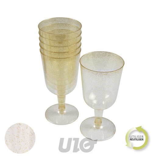 SET DE 6 VERRES À VIN EN PLASTIQUE RÉUTILISABLES -  18CL -  PAILLETÉ COULEUR OR