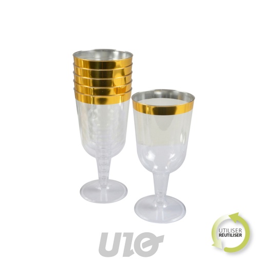 SET DE 6 VERRES À VIN EN PLASTIQUE RÉUTILISABLES - 18CL - LISERE OR