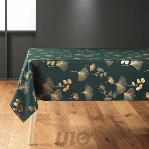 NAPPE RECTANGLE EN POLYESTER - 150x240CM - IMPRIMÉE MÉTALLISÉE BLOOMY VERT-OR