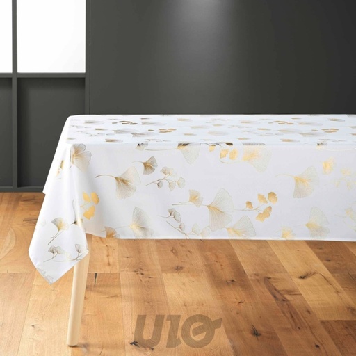 NAPPE RECTANGLE EN POLYESTER - 150x240CM -  IMPRIMÉE MÉTALLISÉE BLOOMY BLANC-OR