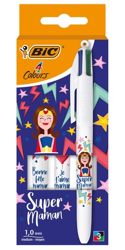 BIC 4 COULEURS - SUPER MAMAN - 3 PIÈCES - POINTE MOYENNE 1MM 