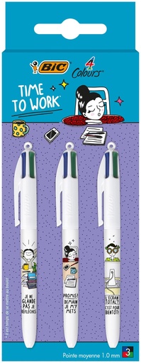 BIC 4 COULEURS - TIME TO WORK - 3 PIÈCES - POINTE MOYENNE 1MM 