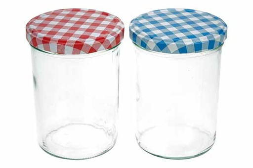 BOCAUX À CONFITURES - 6 PIÈCES - TRANSPARENT - 44CL D8,5CM - AVEC COUVERCLES: 3 BLEU ET BLANC + 3 ROUGE ET BLANC
