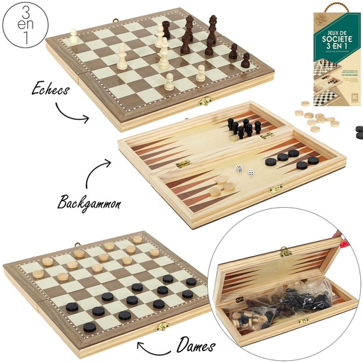JEU DE SOCIÉTÉ 3 EN 1 - DAMES, ÉCHEC, BACKGAMMON - EN BOIS