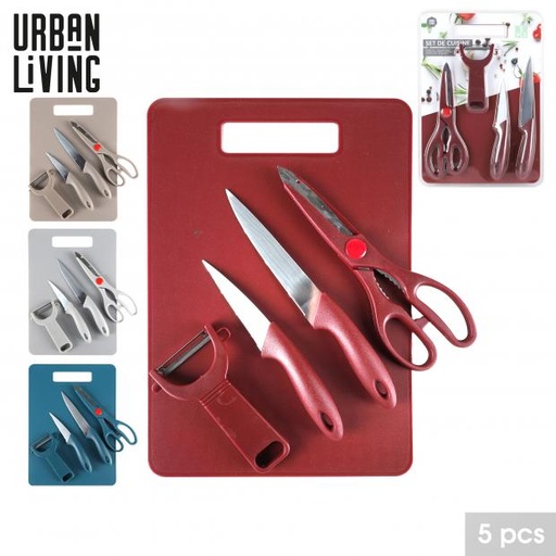 SONOMA SET DE CUISINE - 5 PIÈCES - 2 COUTEAUX CISEAU, ÉPLUCHEUR ET PLANCHE 31X22CM