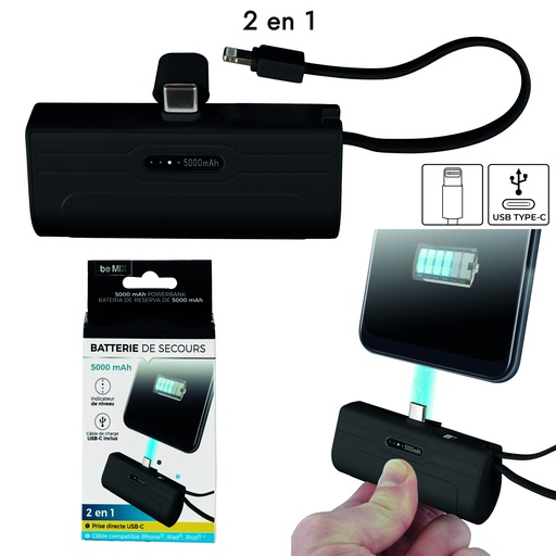 BATTERIE AVEC PORT LIGHTNING ET TYPE C 5000MAH