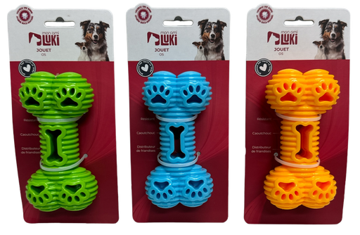 JOUET CAOUTCHOUC DISTRIBUTEUR DE RÉCOMPENSE EN FORME D'OS - 13CM - COULEURS DISPONIBLES: BLEU ORANGE VERT