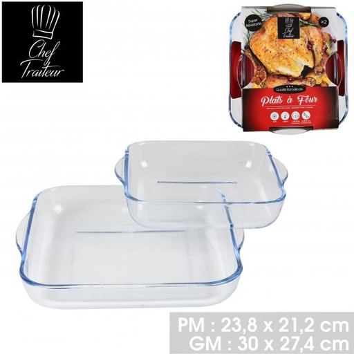 CHEF TRAITEUR - 2 PLATS À FOUR EN VERRE BOROSILICATE CARRÉ L24CM ET L30CM