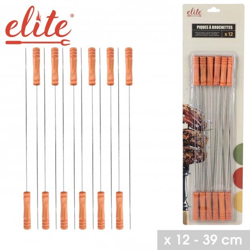 ELITE - 12 PÎQUES À BROCHETTES EN MÉTAL AVEC POIGNÉES EN BOIS H39CM