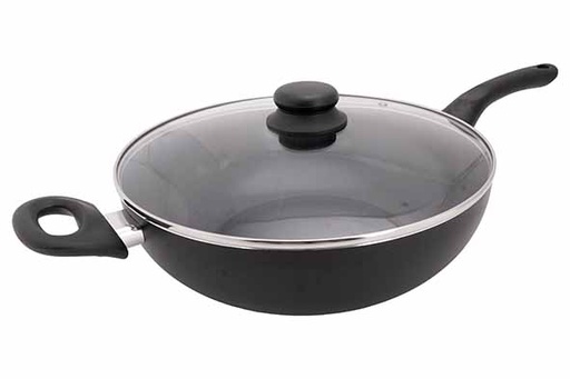 ESSENTIALS Wok 30cm Noir Couvercle Verre - Sans PFAS Tous Feux Induction