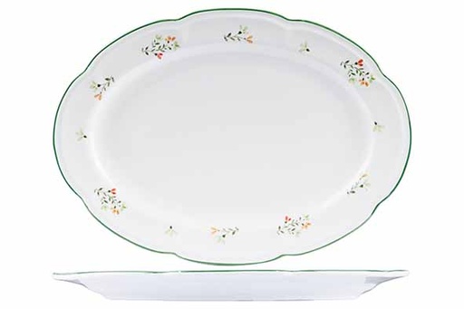 BOUQUET Plateau Ovale à Servir Blanc Motifs Floraux Bord Vert 35.9x26cm