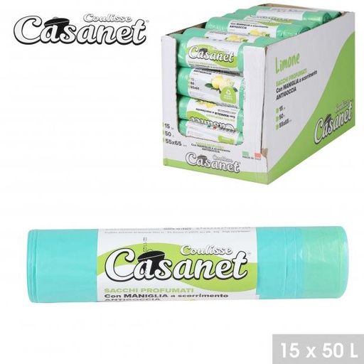 Casanet Sacs Poubelle Lien Coulissant Parfum Citron Vert 50L x15 Anti-fuite