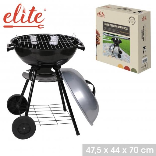 Elite Barbecue Charbon sur Roues Couvercle Noir/Gris 47,5x44x70cm