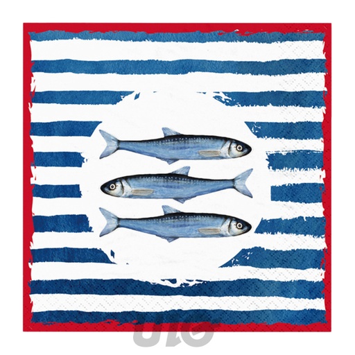 Homea Serviettes papier Poissons Rayures Marin 3 plis 33x33cm Lot 20