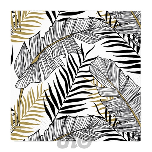 Homea Serviettes Papier Cocktail 20 Feuillage Tropical Noir Or 25x25cm