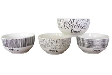 [TS-B80.T3270] Maxime Home - Lot de 4 Bols Céramique Fini Mat Blanc Noir Mots Inspirants Ø12.7cm H6.7cm