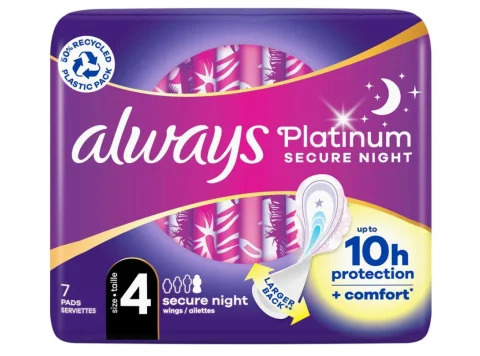 Always Platinum Secure Night Serviettes Hygiéniques Ailettes Taille 4 x7