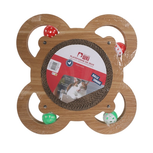 Mon Ami Luki Plateforme de jeu & Griffoir Chat 4 Balles Sonores Bois 35cm